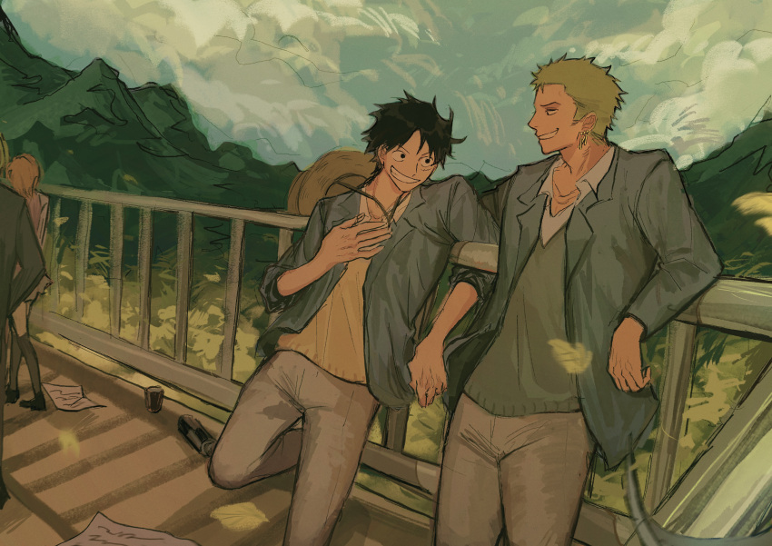 2boys absurdres against_railing black_eyes black_hair blazer earrings eye_contact feet_out_of_frame green_hair hat hat_on_back highres jacket jewelry looking_at_another male_focus monkey_d._luffy multiple_boys nhi one_piece outdoors railing roronoa_zoro scar scar_on_cheek scar_on_face short_hair sideburns single_earring sleeves_rolled_up smile straw_hat sweater_vest