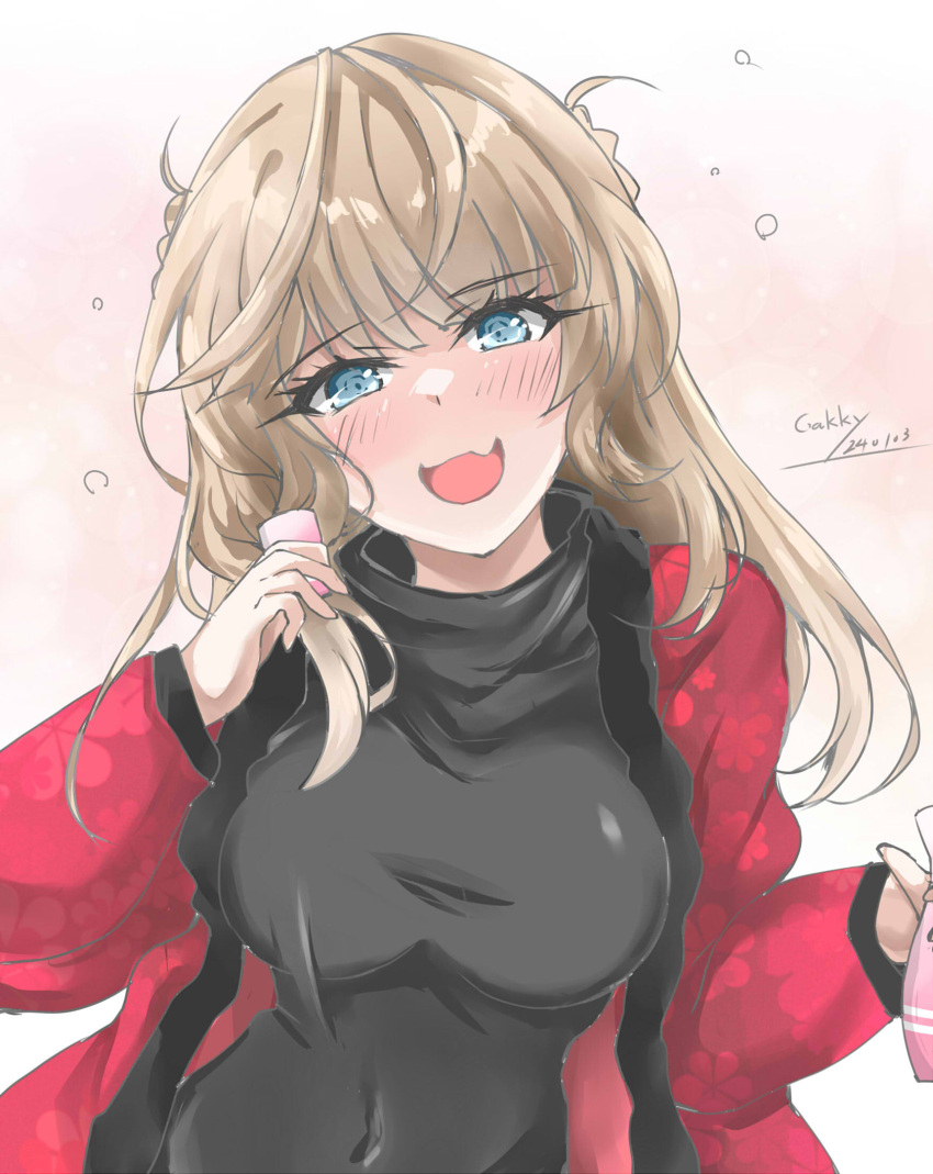 1girl black_sweater blonde_hair blue_eyes breasts double_bun fang gakky hair_bun highres kantai_collection long_hair medium_breasts one-hour_drawing_challenge open_clothes ranger_(kancolle) red_happi skin_fang solo sweater upper_body