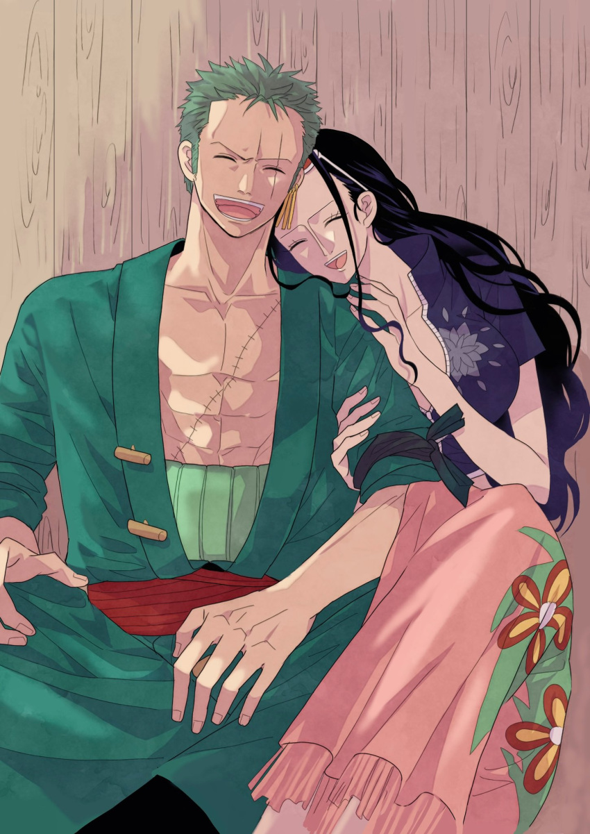 1boy 1girl abs bandana_around_arm black_hair closed_eyes commentary_request earrings eyewear_on_head green_hair highres jewelry long_hair mayo_may63 nico_robin one_piece open_mouth roronoa_zoro scar scar_across_eye scar_on_chest scar_on_face short_hair single_earring smile sunglasses teeth