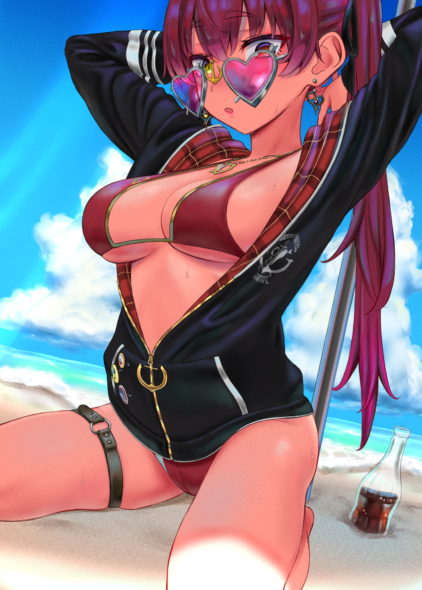 1girl absurdres arms_behind_head arms_up beach bikini bikini_under_clothes black_jacket blue_sky breasts cleavage cloud earrings gold_earrings gold_necklace heart heart-shaped_eyewear heart_earrings heart_necklace heterochromia highres hololive houshou_marine houshou_marine_(summer) jacket jewelry large_breasts long_hair looking_at_viewer necklace o-ring o-ring_thigh_strap official_alternate_costume ponytail red_bikini red_eyes red_hair riyokeyuzu sand sky sunglasses swimsuit thigh_strap virtual_youtuber water yellow_eyes