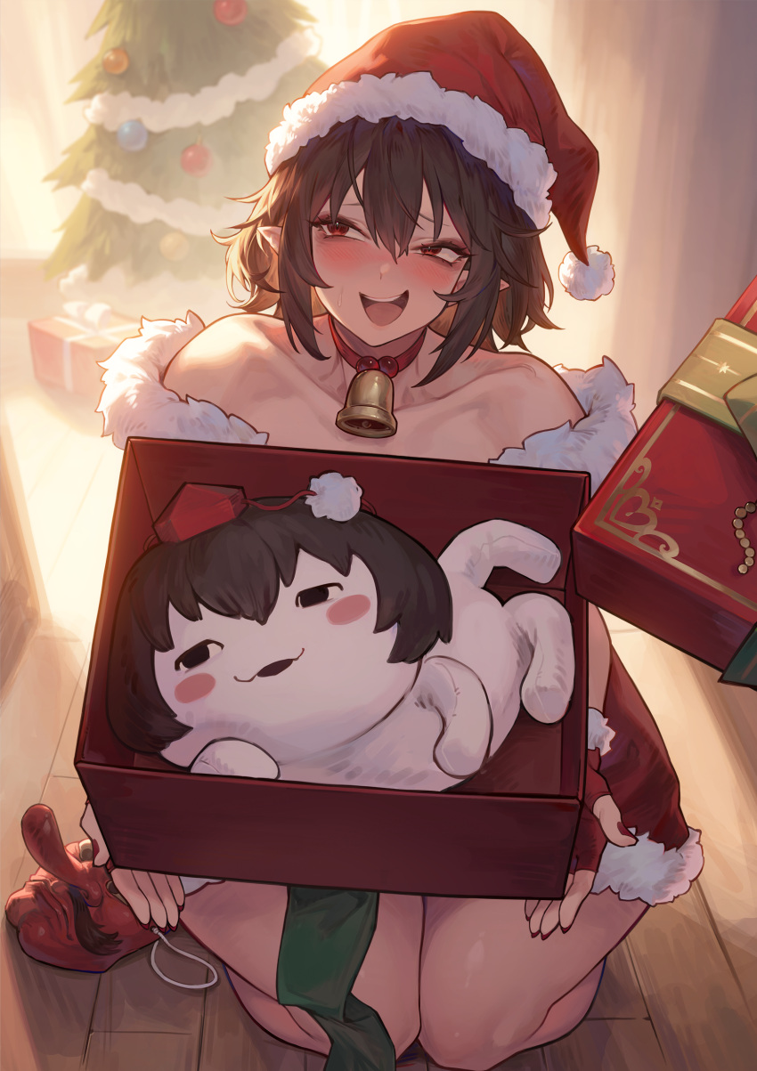 1girl absurdres bare_shoulders black_hair blush box christmas christmas_ornaments christmas_tree collarbone fur-trimmed_headwear fur_trim gift gift_box hair_between_eyes hat highres joker_(stjoker) looking_at_viewer mask open_mouth pointy_ears red_eyes santa_hat shameimaru_aya short_hair smile solo_focus stuffed_toy tengu_mask thighs touhou