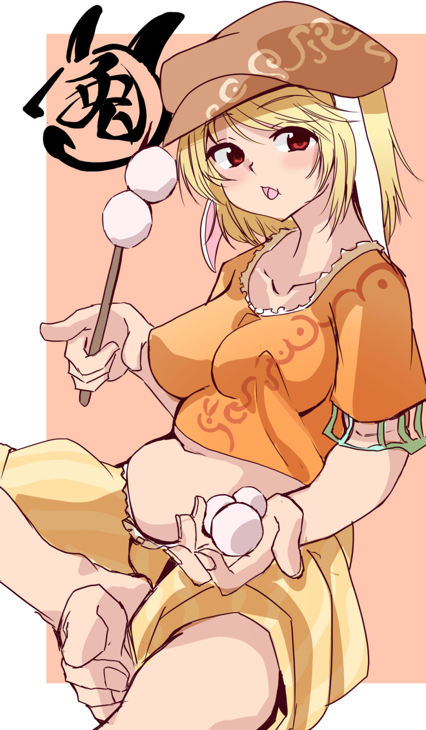 1girl animal_ears blonde_hair blush border breasts brown_headwear collarbone floppy_ears food hat highres holding large_breasts looking_at_viewer navel open_hand open_mouth orange_background orange_shirt outside_border red_eyes ringo_(touhou) shinmon_akika shirt short_sleeves shorts simple_background sitting solo touhou translation_request white_border yellow_shorts