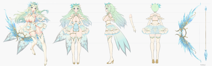 1girl arrow_(projectile) bare_shoulders blue_eyes boots bow_(weapon) breasts center_opening covered_nipples dress elbow_gloves elf full_body gloves gold_trim green_hair highres holding holding_arrow holding_bow_(weapon) holding_weapon huge_breasts long_hair looking_at_viewer mixed-language_commentary multiple_views pafekui panties pointy_ears revealing_clothes see-through see-through_dress sexy_mystic_survivors shiny_skin simple_background sketch skindentation snowflakes thigh_boots underwear weapon white_background white_dress white_footwear white_gloves white_panties zettai_ryouiki