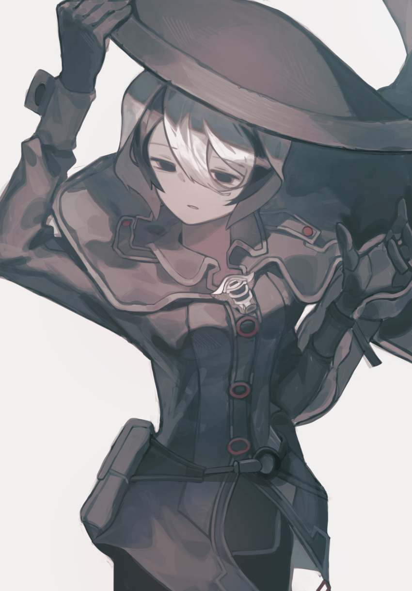 1girl black_cape black_eyes black_gloves black_hair cape collared_cloak cowboy_shot expressionless gloves hair_between_eyes highres long_sleeves made_in_abyss multicolored_hair ozen parted_lips simple_background solo toichino two-tone_hair whistle whistle_around_neck white_background white_hair