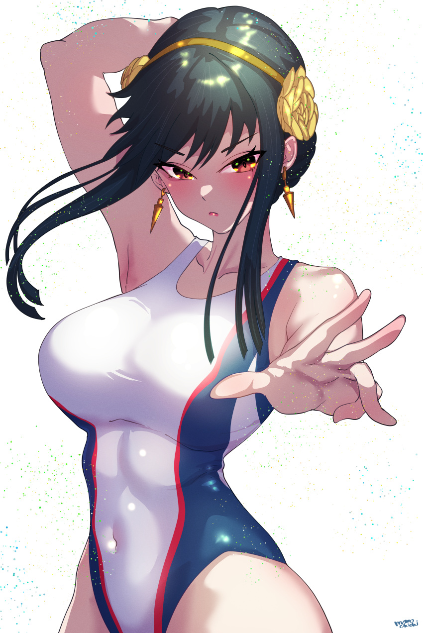 1girl absurdres black_hair breasts commentary_request competition_swimsuit covered_navel cowboy_shot earrings gold_earrings gold_hairband hairband highres jewelry large_breasts long_hair looking_at_viewer momoyama_tits one-piece_swimsuit red_eyes sidelocks simple_background solo spy_x_family swimsuit two-tone_one-piece_swimsuit white_background white_one-piece_swimsuit yor_briar