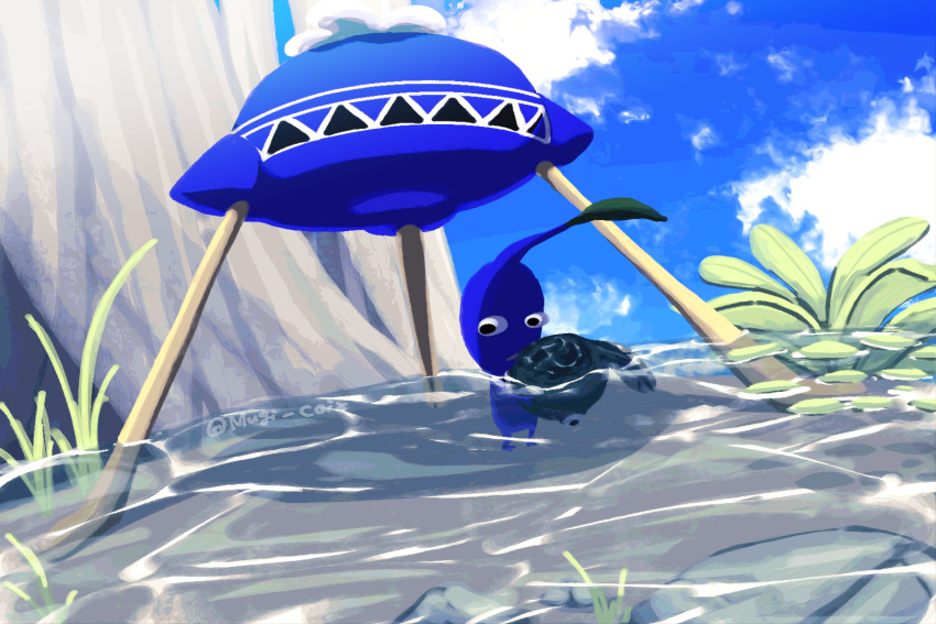 black_eyes blue_pikmin blue_skirt blue_sky cloud commentary_request creature day grass highres holding holding_creature leaf lily_pad looking_down no_humans onion_(pikmin) outdoors partially_submerged pikmin_(creature) pikmin_(series) skirt sky solo tadpole tree twitter_username usuba_(hatomugip) wogpole