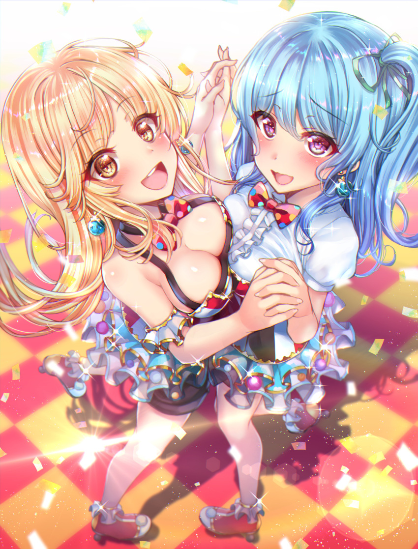 2girls :d absurdres aqua_hair bang_dream! bangs blonde_hair blush bow bowtie breasts center_frills checkered checkered_floor cleavage commentary_request confetti earrings eyelashes fingernails frills from_above full_body hands_up happy highres interlocked_fingers jewelry kamita light_particles long_hair looking_at_viewer looking_up matsubara_kanon medium_breasts multiple_girls one_side_up open_mouth polka_dot polka_dot_bow polka_dot_neckwear puffy_short_sleeves puffy_sleeves purple_eyes raised_eyebrows ringed_eyes shadow short_sleeves sketch_eyebrows small_breasts smile standing tsurumaki_kokoro w_arms yellow_eyes