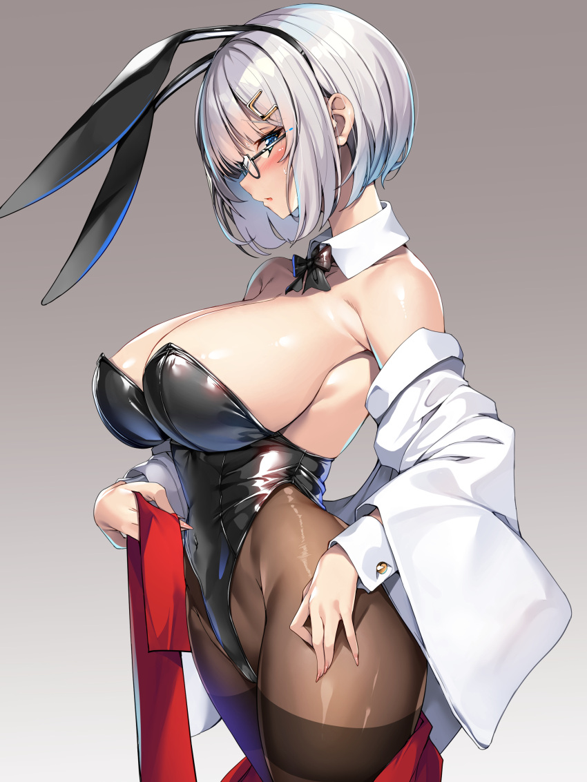 absurdres animal_ears black_bow black_bowtie black_leotard black_pantyhose blue_eyes blush bow bowtie breasts commentary_request covered_navel detached_collar glasses gradient_background grey_background grey_hair hair_ornament hairclip hamakaze_(kancolle) highres jacket kantai_collection large_breasts leotard looking_at_viewer looking_to_the_side off_shoulder pantyhose parted_lips playboy_bunny rabbit_ears red_ribbon ribbon short_hair sideboob sidelocks simple_background standing torisan white_jacket