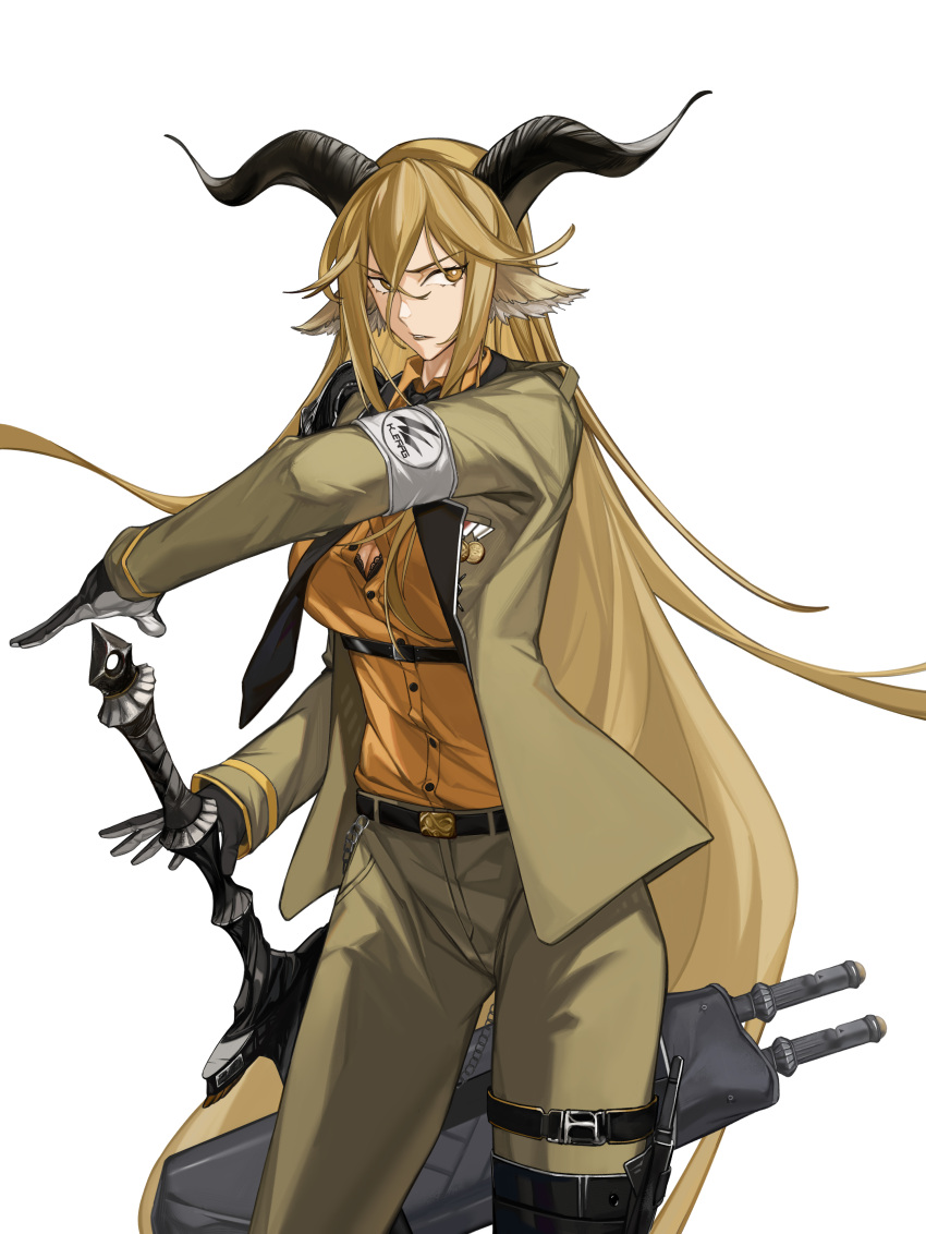 1girl absurdres animal_ear_fluff animal_ears arknights armband armor asymmetrical_hair asymmetrical_sidelocks belt belt_buckle belt_chain black_belt black_bra black_gloves black_horns black_necktie blonde_hair bra bra_peek breasts bright_pupils brown_lips buckle buttons chest_belt chinese_commentary cleavage collared_shirt commentary_request cowboy_shot crossed_bangs degenbrecher_(arknights) dress_shirt facing_viewer fighting_stance floating_hair gloves goat_ears goat_girl goat_horns green_jacket green_pants hair_between_eyes hair_flowing_over hand_up high_collar highres horns jacket kira_(kirakrr) kjerag_logo lace-trimmed_bra lace_trim lapels large_breasts legs_apart lips lipstick long_bangs long_hair long_sleeves looking_afar looking_to_the_side makeup medal military military_jacket military_uniform multiple_swords multiple_weapons necktie notched_lapels open_clothes open_hand open_jacket orange_shirt pants parted_lips partially_unbuttoned pauldrons print_armband ready_to_draw scabbard serious sheath shirt shirt_tucked_in shoulder_armor sidelocks simple_background single_pauldron snap-fit_buckle solo spread_fingers standing straight_hair swept_bangs sword teeth thigh_strap two-sided_fabric two-sided_gloves underbust underwear uniform v-shaped_eyebrows very_long_hair weapon white_armband white_background white_pupils wing_collar yellow_eyes