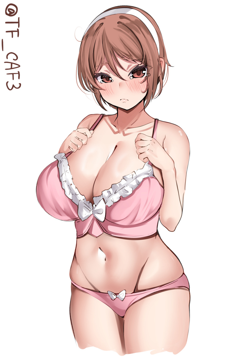 1girl blush bra breasts brown_eyes brown_hair cowboy_shot embarrassed hair_between_eyes hairband highres kantai_collection large_breasts legs_together looking_at_viewer natori_(kancolle) one-hour_drawing_challenge panties pink_bra pink_panties short_hair solo tf_cafe twitter_username underwear white_background white_hairband