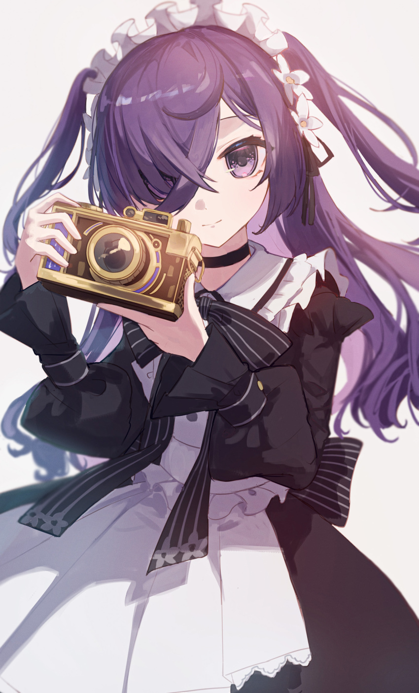 1girl absurdres black_choker black_ribbon camera choker flower hair_over_one_eye hair_ribbon highres holding holding_camera long_sleeves looking_at_viewer maid_headdress memory_(monster_strike) monster_strike pia_nano purple_eyes purple_hair ribbon smile solo two_side_up white_flower