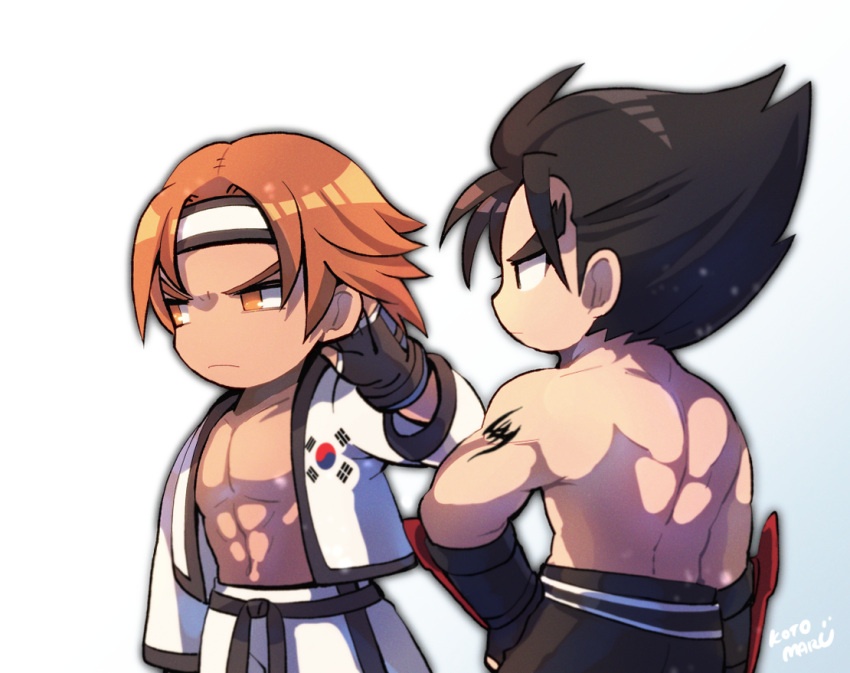 2boys abs back bare_pectorals belt black_belt black_gloves black_hair black_pants closed_mouth dougi fingerless_gloves frown gloves gradient_background hand_on_own_leg headband hwoarang_(tekken) kazama_jin kotorai looking_at_another male_focus martial_arts_belt multiple_boys navel no_nose open_clothes open_shirt orange_eyes orange_hair pants pectorals scratching_head shoulder_tattoo signature south_korean_flag tattoo tekken thick_eyebrows v-shaped_eyebrows white_pants