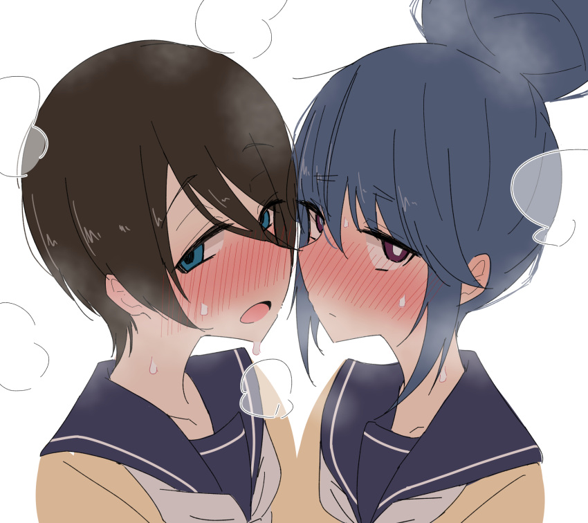 2girls ame_(amechan17391739) blue_eyes blue_hair blue_sailor_collar blush brown_hair cardigan closed_mouth collarbone hair_between_eyes hair_bun highres looking_at_viewer multiple_girls neckerchief open_mouth purple_eyes sailor_collar saitou_ena school_uniform serafuku shima_rin short_hair sidelocks simple_background single_hair_bun steaming_body sweat upper_body white_background white_neckerchief yellow_cardigan yurucamp