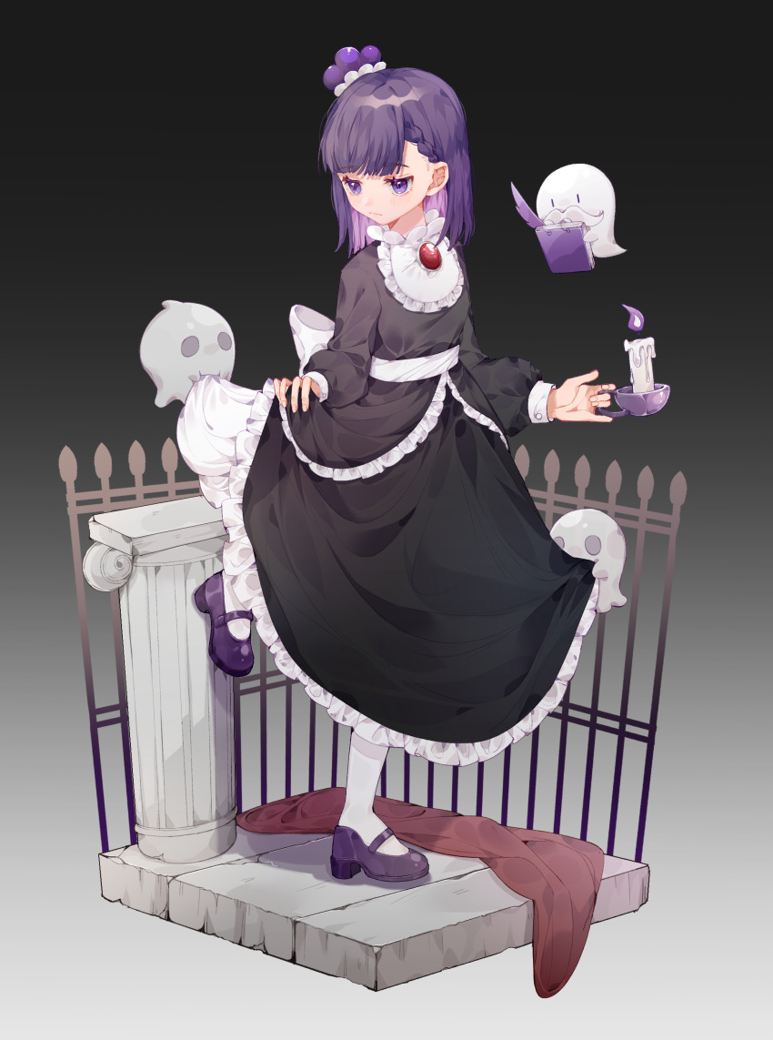 1girl absurdres blackberry_cookie blush book braid brooch candle commentary cookie_run dress expressionless fence fire food-themed_hat frilled_dress frills ghost ghost_butler high_collar highres isometric jewelry jitome long_hair long_sleeves looking_down marumarumarumua mary_janes pantyhose purple_eyes purple_fire purple_hair shoes standing standing_on_one_leg