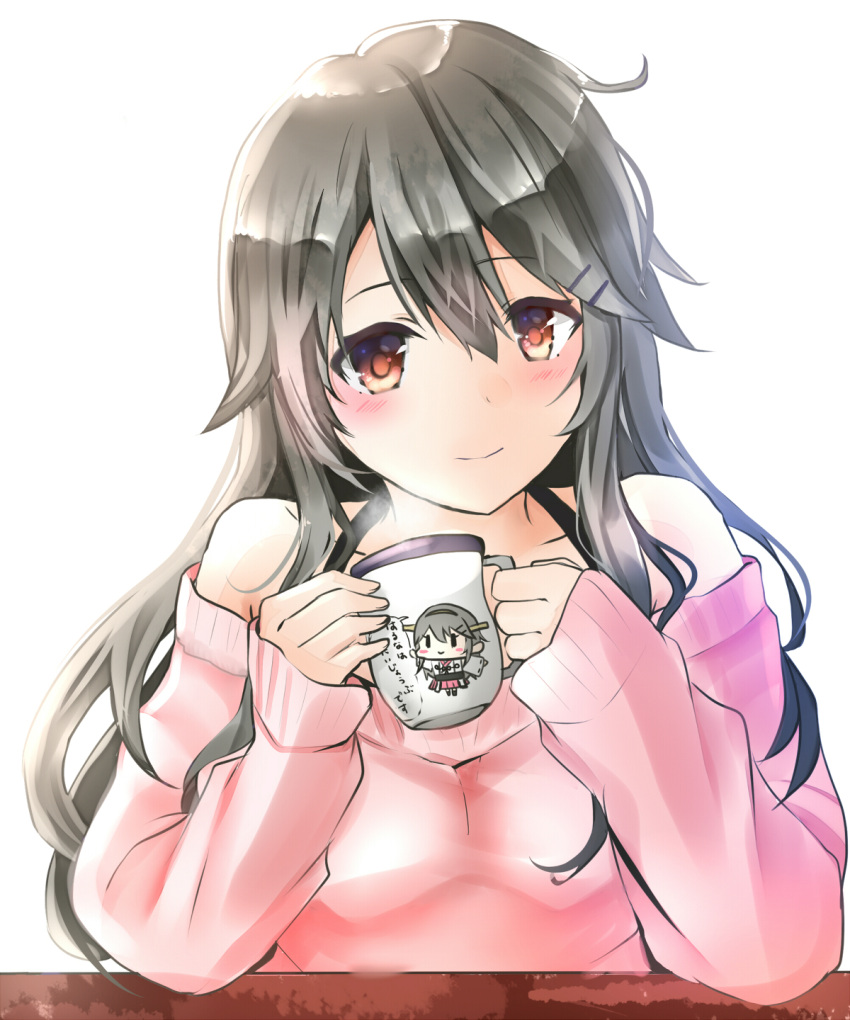 1girl alternate_costume blush brown_eyes cup eiji_(monochromexd) grey_hair hair_ornament hairclip haruna_(kantai_collection) highres holding holding_cup kantai_collection long_hair long_sleeves mug off_shoulder pink_sweater smile solo sweater upper_body