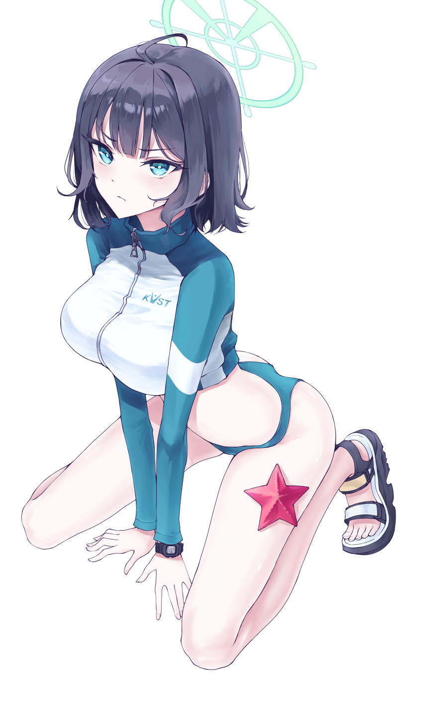 1girl absurdres animal bikini black_hair blue_archive blue_bikini blush breasts closed_mouth full_body green_eyes green_halo halo highres large_breasts long_sleeves official_alternate_costume raglan_sleeves rash_guard saki_(blue_archive) saki_(swimsuit)_(blue_archive) sandals short_hair simple_background solo starfish swimsuit visu_02 white_background