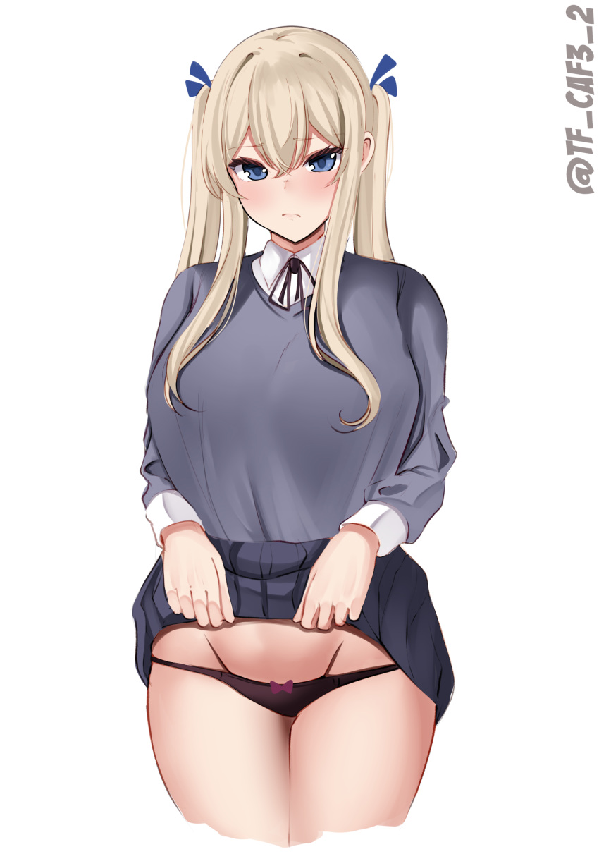 1girl alternate_costume black_panties blonde_hair blue_eyes breasts cardigan collared_shirt embarrassed graf_zeppelin_(kancolle) grey_cardigan hair_between_eyes hair_ribbon highres kantai_collection large_breasts legs_together long_hair panties ribbon school_uniform shirt solo tf_cafe twintails twitter_username underwear white_background