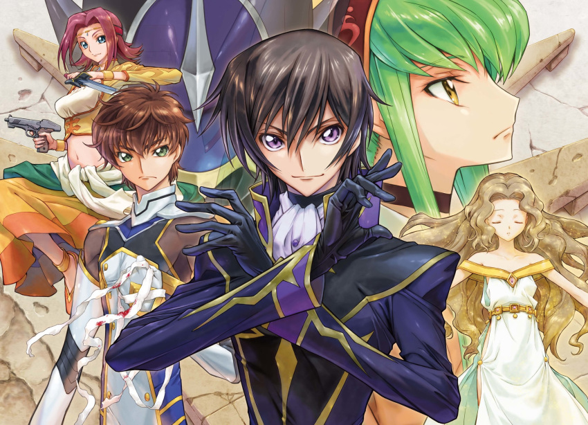 2boys 3girls black_choker black_gloves black_hair blue_eyes brown_hair c.c. choker circlet closed_eyes closed_mouth code_geass collarbone crop_top dress dual_wielding facing_viewer gloves green_eyes green_hair gun hair_intakes handgun highres holding holding_gun holding_sword holding_weapon jacket kallen_stadtfeld kururugi_suzaku lelouch_vi_britannia long_hair long_sleeves looking_at_viewer midriff multiple_boys multiple_girls navel nunnally_vi_britannia purple_eyes purple_jacket red_hair short_hair skirt sleeveless sleeveless_dress smile stomach sword tomofumi_ogasawara very_long_hair weapon white_dress yellow_eyes yellow_skirt