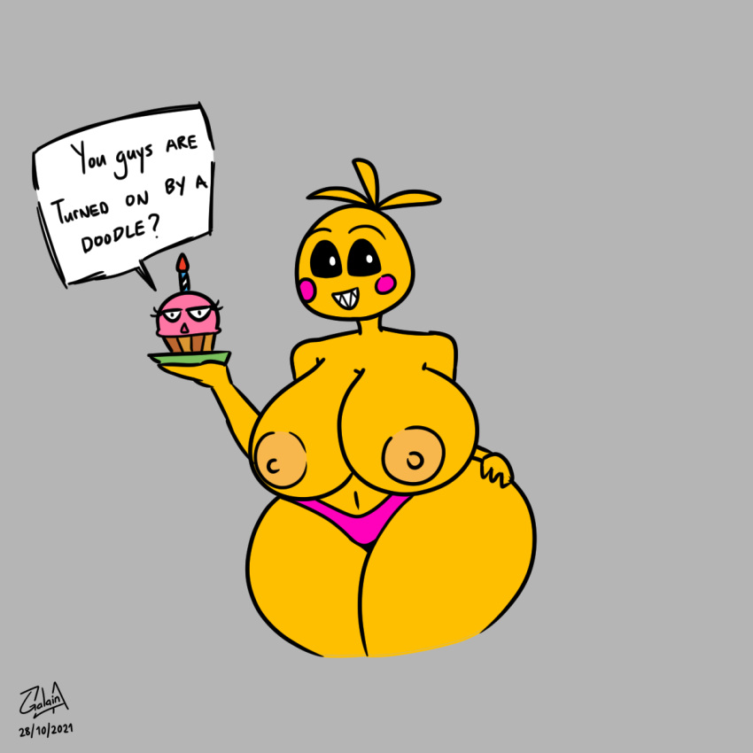 animatronic anthro areola avian beakless big_breasts bird black_sclera blush blush_stickers breasts chicken clothing cupcake cupcake_(fnaf) dialogue duo female five_nights_at_freddy's five_nights_at_freddy's_2 food galainza galliform gallus_(genus) hand_on_leg hand_on_thigh hi_res holding_plate huge_breasts huge_thighs looking_at_viewer machine navel nipples non-mammal_breasts non-mammal_nipples phasianid pink_clothing pink_thong pink_underwear plate robot scottgames sharp_teeth smile solo teeth text thick_thighs thong toy_chica_(fnaf) underwear white_eyes yellow_body