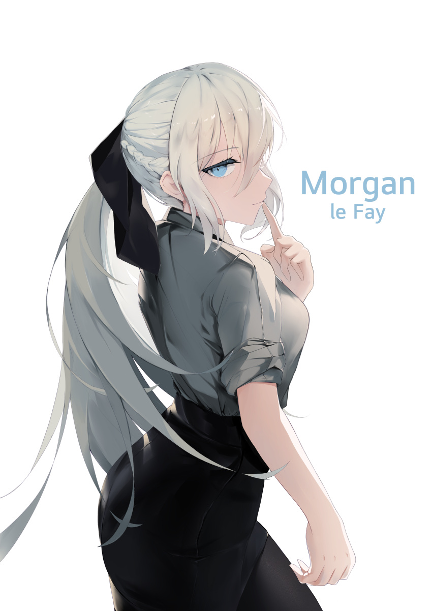 1girl absurdres black_bow black_dress black_skirt blue_eyes blush bow braid breasts dress dress_shirt fate/grand_order fate_(series) french_braid grey_hair hair_bow highres large_breasts long_hair looking_at_viewer morgan_le_fay_(chaldea_satellite_station)_(fate) morgan_le_fay_(fate) office_lady ponytail shirt sidelocks skirt smile solo takeuchi_takashi_(style) thighs very_long_hair white_shirt