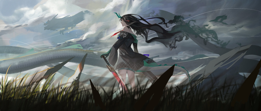 1girl 1other absurdres arknights black_hair character_request cloud cloudy_sky dragon dragon_girl dragon_horns dragon_tail dusk_(arknights) earrings english_commentary from_below grass highres holding holding_sheath holding_sword holding_weapon horns jewelry planted planted_sword pointy_ears profile scabbard sheath sky sword tail tmt weapon