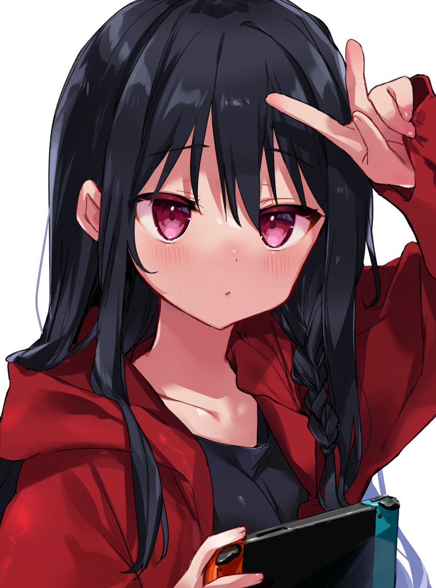 1girl absurdres arm_up bangs black_hair black_shirt blush braid collarbone controller eyebrows_visible_through_hair game_controller genderswap genderswap_(mtf) hair_between_eyes hair_strand hand_up highres holding holding_controller holding_game_controller jacket kurimochi_chizuru long_hair looking_at_viewer open_clothes open_jacket original parted_lips red_eyes red_jacket shirt sidelocks solo switch upper_body v white_background