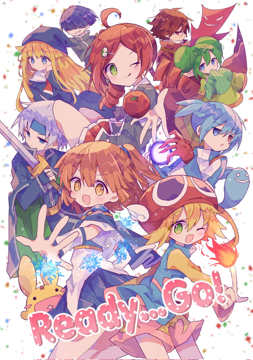 4boys 5girls ahoge amitie_(puyopuyo) andou_ringo apple arle_nadja armor bag blonde_hair blue_dress blue_eyes blue_hair blue_headband blue_headwear blue_skirt blush brown_eyes brown_hair cape carbuncle_(puyopuyo) character_hair_ornament confetti creature cryokinesis dress drill_hair english_text fire food fruit futaba969649 glasses green_eyes green_hair grey_hair hair_ornament hair_over_eyes hairclip half_updo hat headband heterochromia highres holding holding_sword holding_weapon klug_(puyopuyo) long_hair long_sleeves looking_at_viewer multiple_boys multiple_girls one_eye_closed open_mouth pants ponytail purple_hair puyopuyo pyrokinesis red_cape red_eyes red_hair red_headwear rulue_(puyopuyo) sasaki_maguro schezo_wegey school_uniform shirt short_hair shorts sig_(puyopuyo) skirt smile star_(symbol) strange_klug sword twin_drills weapon white_background white_hair witch_(puyopuyo)