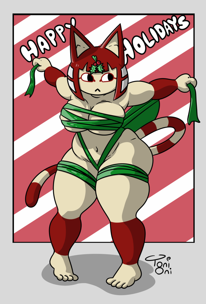 4_toes animal_crossing ankha_(animal_crossing) anthro barefoot big_breasts breast_squeeze breasts christmas eyeliner feet felid feline female fur hair hi_res holidays looking_away makeup mammal markings mistletoe navel nintendo plant red_hair red_markings ribbons short_stack signature simple_background solo solo_focus squish striped_arms striped_legs striped_markings striped_tail stripes tail tail_markings tan_body tan_fur text thick_thighs thigh_squish toes toni_oni wide_hips
