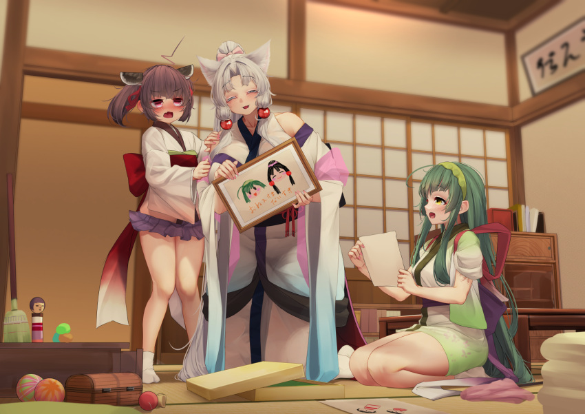 3girls :3 ahoge blurry blurry_background blush brown_hair child's_drawing closed_eyes commentary_request curtained_hair embarrassed fang floating_hair frown green_hair half_updo hands_on_another's_arm highres holding_drawing indoors japanese_clothes kimono kneeling kokeshi lightning_ahoge lightning_scar long_hair long_sleeves miniskirt multiple_girls ne_an_ito nose_blush off_shoulder open_box open_mouth picture_frame pigeon-toed pink_eyes purple_skirt seiza short_kimono short_twintails shouji siblings sidelocks sisters sitting skin_fang skirt sleeveless sleeveless_kimono sleeves_pushed_up sliding_doors smile standing tabi table tasuki tatami touhoku_itako touhoku_kiritan touhoku_zunko translation_request twintails v-shaped_eyebrows very_long_hair voiceroid white_hair white_kimono wide_sleeves yellow_eyes