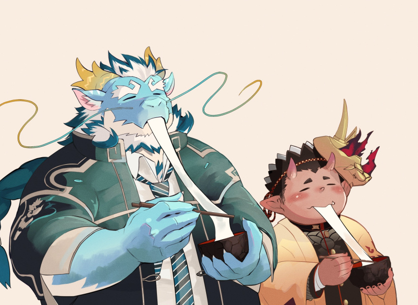 2boys amanojaku_(housamo) animal_ear_fluff aqua_hair aqua_skin bara beard black_hair blush bowl chopsticks claws closed_eyes coat colored_skin dragon_boy dragon_horns eating facial_hair food full_beard furry furry_male highres holding holding_bowl holding_chopsticks horns huge_eyebrows inutora08 japanese_clothes kimono long_mustache loose_necktie male_focus mask mask_on_head mature_male mochi mochi_trail multicolored_hair multiple_boys necktie oni oni_horns open_clothes open_coat pointy_ears qinglong_(housamo) red_skin shirt simple_background striped_necktie tokyo_afterschool_summoners two-tone_beard two-tone_hair upper_body white_hair white_shirt