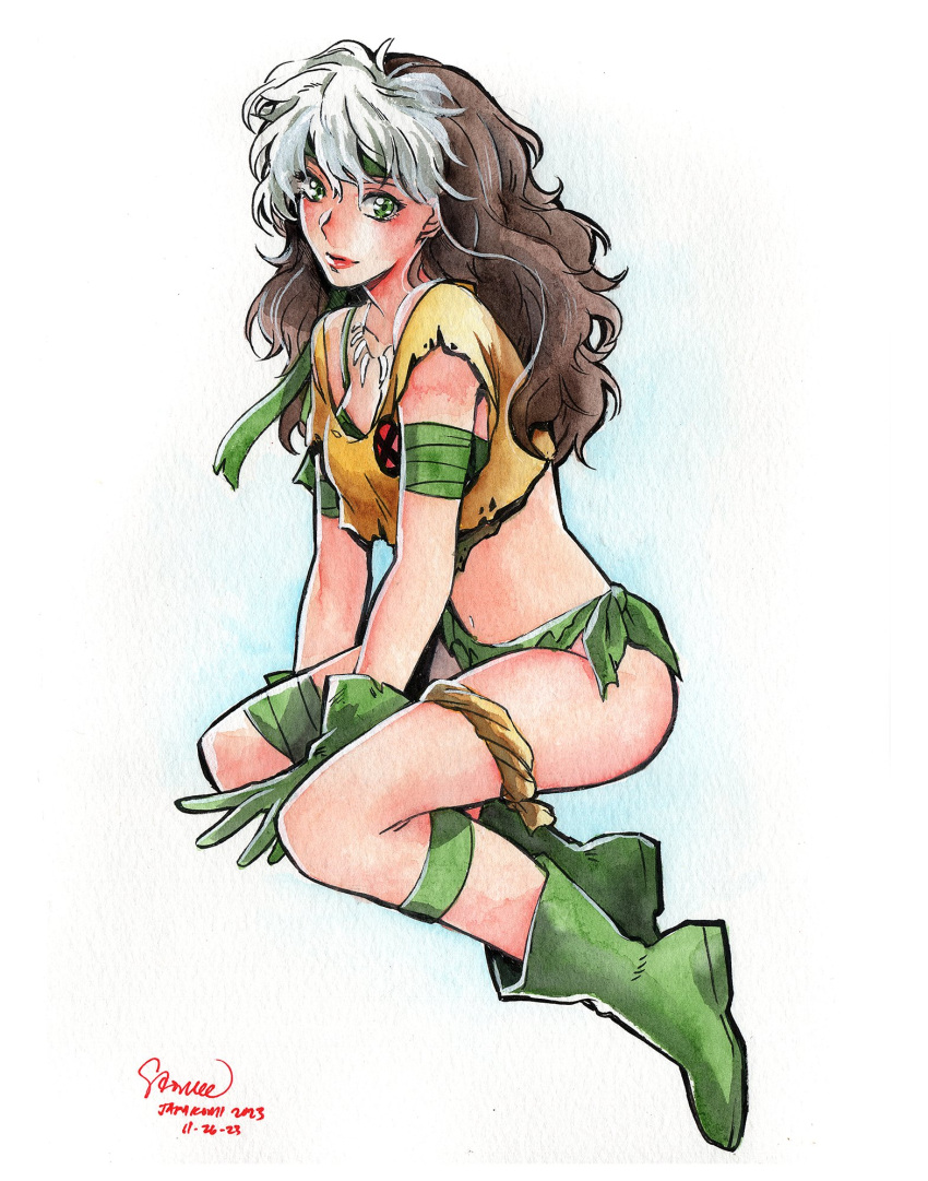 1girl animification boots brown_hair gloves green_eyes headband highres jewelry lipstick long_hair makeup marvel messy_hair midriff multicolored_clothes multicolored_hair navel necklace painting_(medium) rogue_(x-men) sao_(saowee) solo superhero tank_top thigh_strap tooth_necklace traditional_media two-tone_hair watercolor_(medium) white_hair x-men