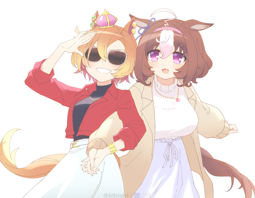 2girls :3 @_@ ahoge alternate_costume animal_ears black_shirt breasts brown_hair coat crown dress facing_viewer glasses grin hairband hihiqhi holding_hands horse_ears horse_girl horse_tail interlocked_fingers jacket large_breasts long_sleeves medium_hair meisho_doto_(umamusume) mini_crown multiple_girls opaque_glasses open_clothes open_jacket open_mouth orange_hair purple_eyes red_jacket shading_eyes shirt short_hair simple_background small_breasts smile sunglasses t.m._opera_o_(umamusume) tail twitter_username umamusume watermark white_background white_dress yellow_coat