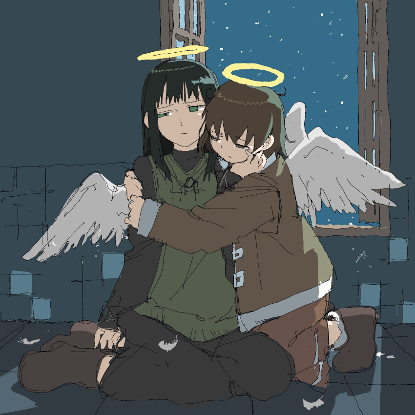 2girls angel_wings bangs black_hair brown_eyes brown_footwear brown_hair brown_jacket green_eyes haibane_renmei halo highres hug jacket long_hair long_sleeves multiple_girls rakka reki shadow shoes short_hair sitting sky star_(sky) starry_sky tsukumizu_yuu wings