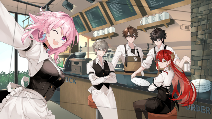 2girls 3boys apron bar_stool battery_indicator black_hair blue_eyes brown_eyes brown_hair caelus_(honkai:_star_rail) cafe choker collared_shirt counter crossed_arms cup dan_heng_(honkai:_star_rail) earrings flower glasses grey_hair hair_flower hair_ornament highres himeko_(honkai:_star_rail) holding holding_cup honkai:_star_rail honkai_(series) indoors jewelry juliet_sleeves long_hair long_sleeves looking_at_viewer looking_down lucio_(lucioooo38) march_7th_(honkai:_star_rail) menu mug multiple_boys multiple_girls one_eye_closed pantyhose parted_bangs pencil_skirt pink_hair plate plate_stack puffy_sleeves purple_eyes reaching reaching_towards_viewer red_hair selfie shelf shirt short_hair sitting skirt sleeves_rolled_up smile stool trailblazer_(honkai:_star_rail) uniform very_long_hair viewfinder waist_apron welt_yang window