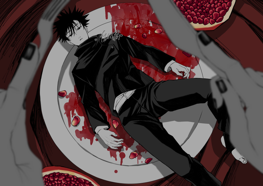 1boy 1other absurdres belt black_hair black_jacket black_nails black_pants commentary_request expressionless fake_blood fingernails food foot_out_of_frame fork from_above fruit fushiguro_megumi highres holding holding_fork holding_knife jacket jujutsu_kaisen jujutsu_tech_uniform knife limited_palette male_focus mini_person miniboy on_plate pants plate pomegranate pov red_background sasaki_kura school_uniform shirt shirt_tucked_in signature solo solo_focus table_knife toenails white_belt white_shirt