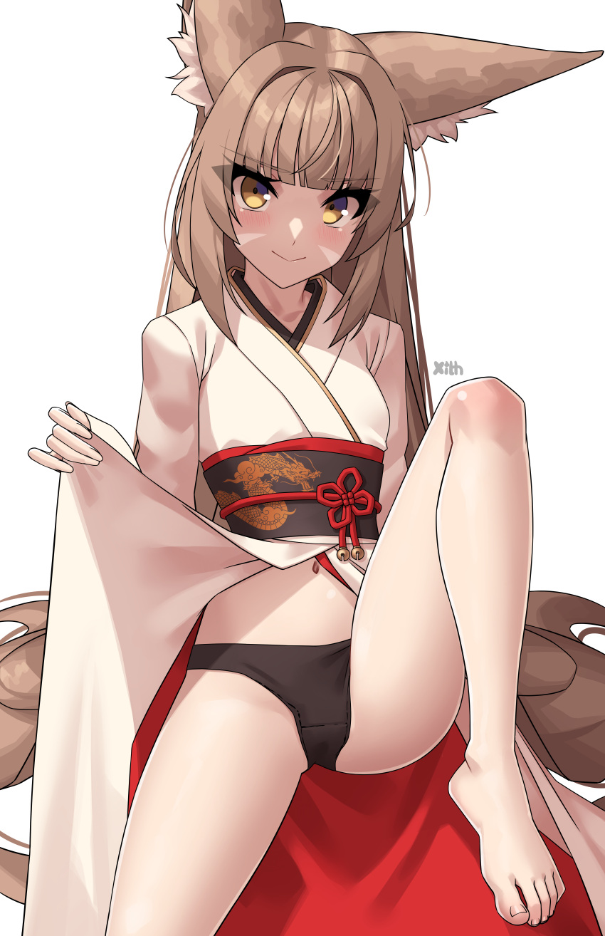 1girl absurdres alternate_costume animal_ear_fluff animal_ears arm_support artist_name barefoot black_panties black_sash blunt_bangs blush breasts brown_eyes brown_hair clothes_lift collarbone commentary english_commentary eyelashes facial_mark feet foot_out_of_frame hair_intakes hand_up highres japanese_clothes kimono kimono_lift knee_up leaning_back legs long_hair looking_at_viewer navel nia_(blade)_(xenoblade) nia_(xenoblade) obi obijime paid_reward_available panties sash sidelocks simple_background sitting small_breasts smile solo thighs toenails toes underwear very_long_hair white_background white_kimono x_xith_x xenoblade_chronicles_(series) xenoblade_chronicles_2