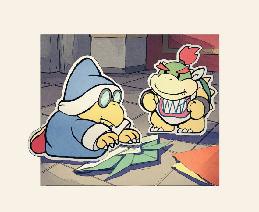 2boys bandana blue_headwear blue_robe border bowser_jr. bracelet claws clenched_hands closed_mouth commentary_request fang fang_out glasses hat horns indoors jewelry kamek kneeling long_sleeves mario_(series) multiple_boys opaque_glasses origami outside_border paper paper_hat paper_kabuto paper_mario paper_mario:_the_origami_king red_footwear red_hair rfufvas3phbxkxa robe round_eyewear shoes smile solid_oval_eyes spiked_shell spikes standing turtle_shell v-shaped_eyebrows white_bandana white_border