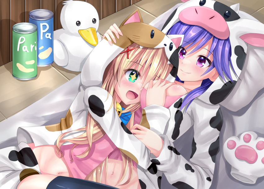 +_+ 2girls :d absurdres animal_costume animal_print bell between_breasts blonde_hair blush breasts cat_costume closed_mouth commentary commission cosplay cow_costume cow_print excited girl_on_top grabbing grabbing_another's_breast green_eyes hair_between_eyes hair_ornament head_between_breasts headpat highres hood hood_up hug indoors jingle_bell kigurumi large_breasts long_hair looking_at_another looking_at_breasts lying minatoto mizuori_shizuku multiple_girls navel neck_bell official_alternate_costume on_back on_floor on_side open_mouth pringles_can purple_eyes purple_hair second-party_source sidelocks skeb_commission smile stuffed_animal stuffed_duck stuffed_toy summer_pockets tsumugi_wenders upper_body x_hair_ornament yuri