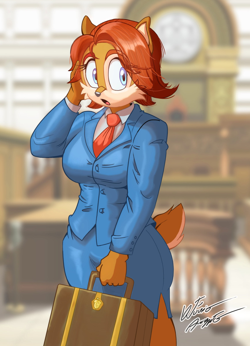 absurd_res anthro archie_comics azul35art blue_clothing blue_eyes blue_suit briefcase cheek_tuft clothing facial_tuft female ground_squirrel hair hand_on_head hi_res mammal necktie red_hair red_necktie rodent sally_acorn sciurid sega short_hair solo sonic_the_hedgehog_(archie) sonic_the_hedgehog_(comics) sonic_the_hedgehog_(series) suit three_piece_suit tuft
