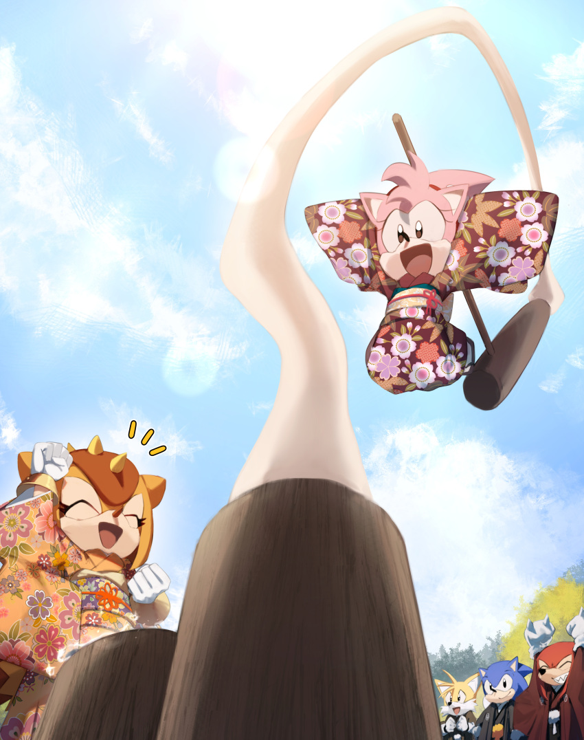 2girls 3boys absurdres amy_rose arms_up eyelashes fist_pump floral_print_kimono food highres japanese_clothes jumping kimono kine knuckles_the_echidna mallet midair mochi multiple_boys multiple_girls nanashi_nasi new_year open_mouth sonic_(series) sonic_superstars sonic_the_hedgehog sonic_the_hedgehog_(classic) spiked_knuckles tails_(sonic) trip_the_sungazer