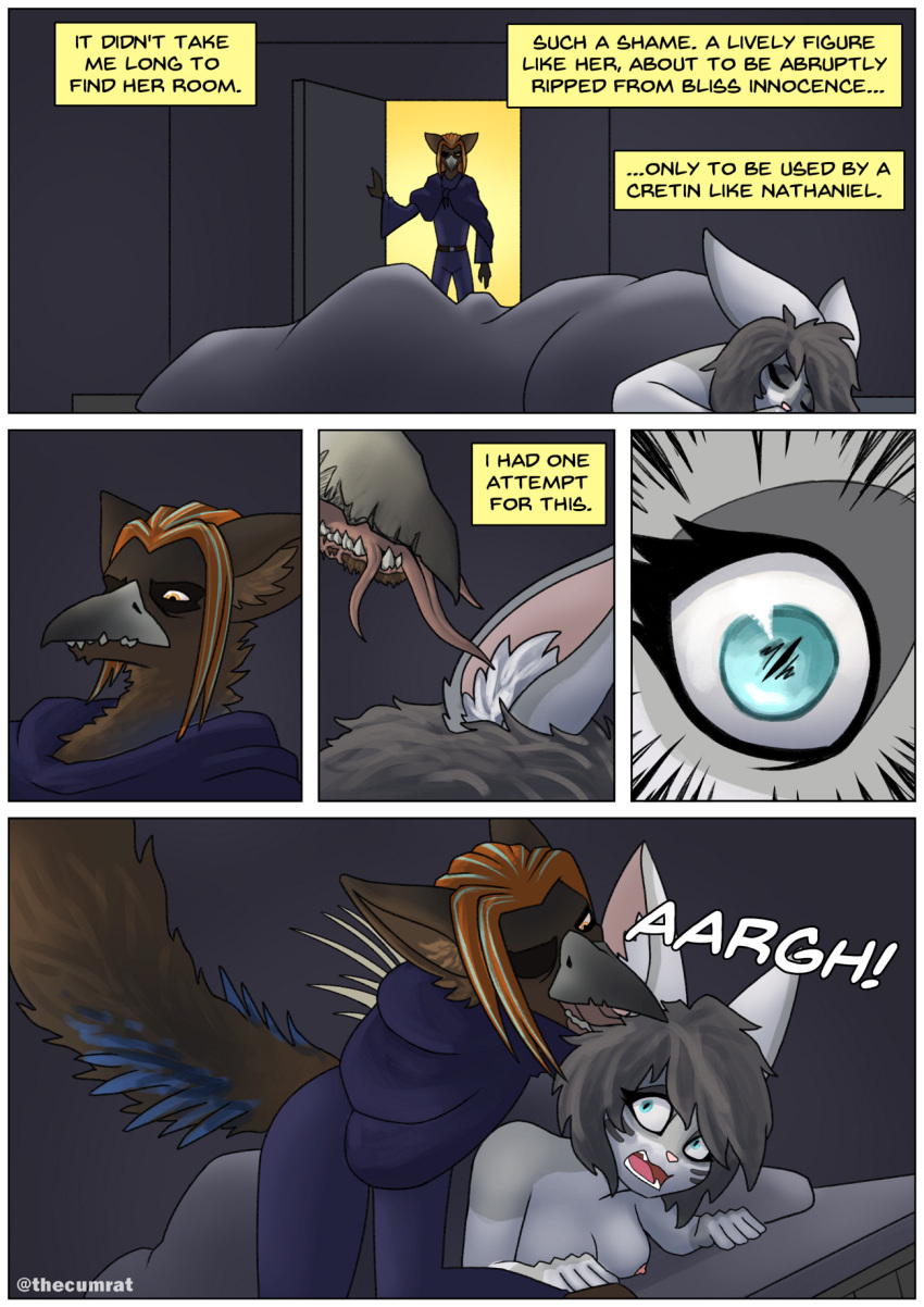 alchemist anthro avian bed blue_clothing breasts brown_body brown_fur canid canine canis clothing comic dark detailed_background dialogue duo ear_penetration fantasy feathers forced fur furniture grey_body grey_fur grey_hair hair hi_res hybrid imminent_rape imminent_sex inner_ear_fluff inside lagomorph leporid lying lying_on_bed male male_on_top mammal nipples on_bed on_front on_top open_mouth orange_hair penetration rabbit screaming sleeping speech_bubble surprise surprised_expression thecumrat tongue tongue_out tuft unusual_anatomy unusual_tongue wolf