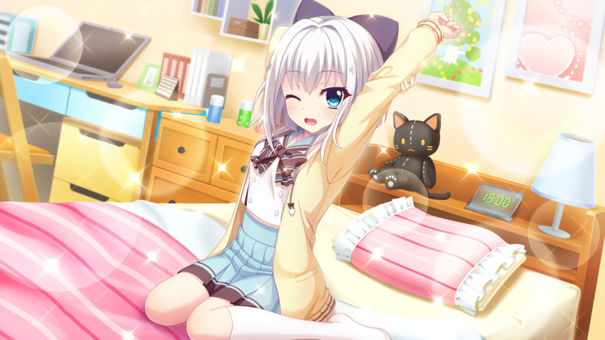 1girl arms_up bed bedroom black_bow blue_eyes book bookend bow breasts calendar_(object) cardigan chair clock computer cosplay desk desk_lamp digital_clock dot_nose drawer dutch_angle film_grain game_cg hair_bow heart hiiragi_kae hiiragi_kae_(cosplay) indoors izumi_tsubasu lamp laptop large_bow long_sleeves marehoshi_academy_school_uniform midriff_peek mouse_(computer) nishidate_haku no_shoes non-web_source official_art one_eye_closed open_mouth picture_frame pillow plant potted_plant purple_bow re:stage! school_uniform serafuku shelf short_hair sidelocks sitting small_breasts solo stretching stuffed_animal stuffed_cat stuffed_toy thighhighs wariza white_hair white_thighhighs yellow_cardigan