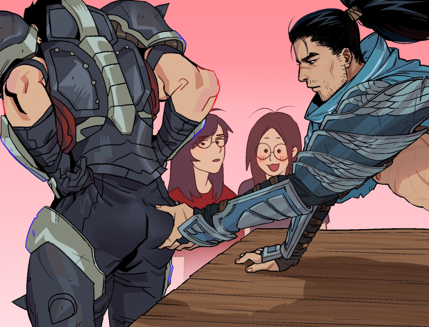 2boys 2girls adam22's_ass_grab_(meme) armor armored_boots ass_grab back bara black_gloves black_hair black_pants blush boots darius_(league_of_legends) facial_hair glasses gloves hand_on_another's_ass highres league_of_legends long_hair looking_at_another male_focus meme multiple_boys multiple_girls muscular muscular_male nipples pants ponytail scar scar_on_face scar_on_nose short_hair shoulder_armor shoulder_spikes spikes susan_kim yasuo_(league_of_legends)