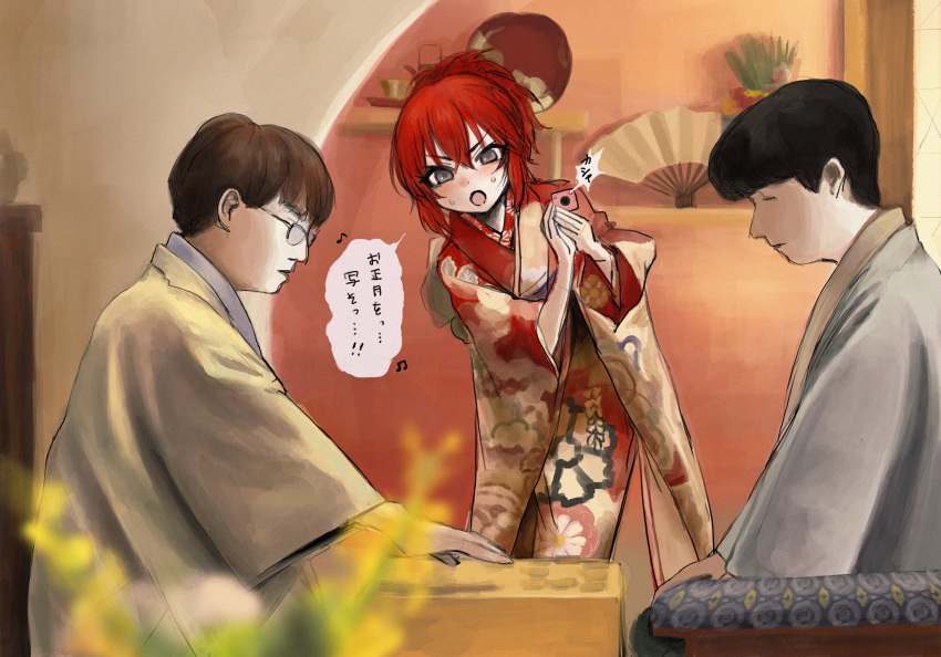 1girl 2boys absurdres black_hair blush board_game brown_hair chinosuke_(o_j_o_p) commentary_request folding_fan glasses grey_eyes grey_kimono hand_fan highres idolmaster idolmaster_cinderella_girls japanese_clothes kimono multiple_boys murakami_tomoe open_mouth own_hands_together red_hair red_kimono shogi short_hair sketch translation_request