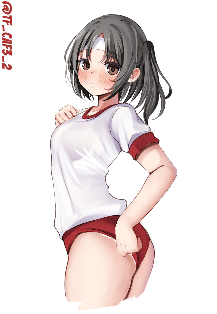 1girl ass black_hair blush bra_visible_through_clothes brown_eyes brown_hair buruma gym_shirt gym_uniform headband highres kantai_collection legs_together looking_at_viewer nagara_(kancolle) one_side_up open_mouth panties_under_buruma ponytail red_buruma ribbon shirt short_hair short_sleeves side_ponytail smile solo tf_cafe twitter_username white_background white_headband white_shirt