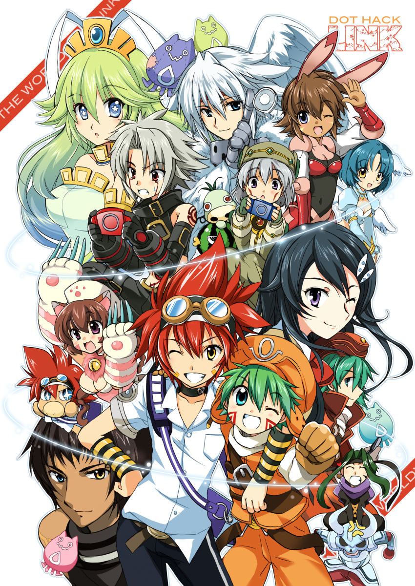 .hack// .hack//ai_buster .hack//g.u. .hack//games .hack//link .hack//roots .hack//sign .hack//tasogare_no_udewa_densetsu 6+boys 6+girls absurdres aika_(.hack//) albireo_(.hack//) amagi_saika angel_wings anger_vein animal_ears animal_hands arms_up bag balmung_(.hack//) belt black_belt black_gloves black_hair black_pants black_shirt blue_dress blue_eyes blue_hair brown_belt brown_eyes brown_gloves brown_hair brown_headwear brown_jacket cat_ears cat_girl chim_chim claws clenched_hand closed_eyes commentary_request controller cowboy_shot dark-skinned_female dark-skinned_male dark_skin dress english_text facial_mark fake_animal_ears game_controller gauntlets gloves goggles goggles_on_head gradient_hair green_hair grin grunty hair_ornament hand_on_own_hip hand_up haseo_(.hack//) hat head_wings heterochromia high_collar highres holding holding_controller holding_game_controller incoming_attack incoming_punch izumi_rei jacket kite_(.hack//) kunisaki_shugo kuryuu_tokio long_hair looking_at_viewer mask mimiru_(.hack//) multicolored_hair multiple_belts multiple_boys multiple_girls one_eye_closed open_mouth orange_headwear orange_jacket orange_pants pants parted_bangs paw_gloves playboy_bunny punching purple_eyes purple_scarf rabbit_ears red_hair red_jacket scarf shirt short_hair shoulder_tattoo silver_knight_(.hack//) simple_background skull_mask sleeveless sleeveless_jacket smile sora_(.hack//) spiked_hair spoilers star-shaped_pupils star_(symbol) subaru_(.hack//) symbol-shaped_pupils tabby_(.hack//) tattoo tsukasa_(.hack//) upper_body white_background white_hair white_headwear white_shirt white_wings wings yellow_eyes