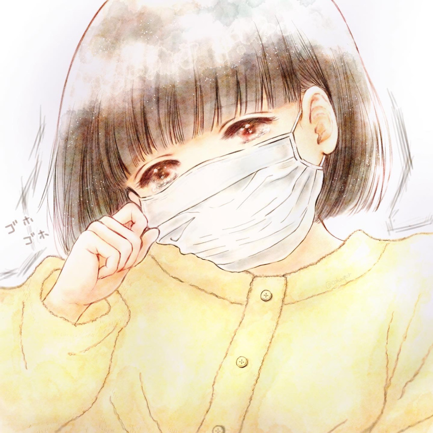 1girl brown_eyes brown_hair cohaqur coughing hand_up highres looking_at_viewer mask original shirt short_hair sick solo upper_body white_background yellow_shirt