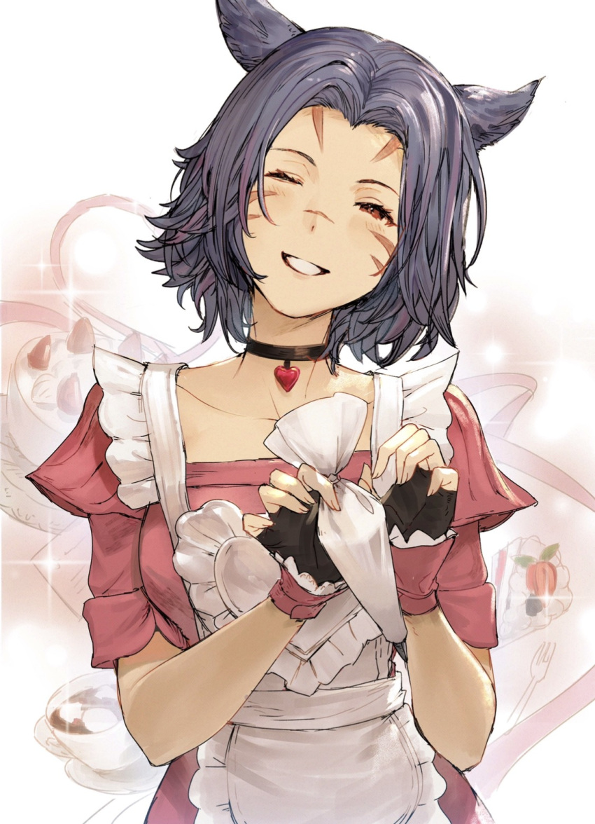 1girl animal_ears apron black_choker black_gloves blue_hair blueberry cake cake_slice cat_ears cat_girl choker collarbone commentary cream cup dress drink facial_mark final_fantasy final_fantasy_xiv fingerless_gloves food food-themed_background fork fruit gloves head_tilt heart heart_apron heart_choker highres holding holding_food light_blush looking_at_viewer maid maid_apron miqo'te one_eye_closed original parted_bangs pastry_bag pink_dress red_eyes scar scar_on_face scar_on_nose short_hair short_sleeves smile solo sparkle straight-on strawberry symbol-only_commentary teacup upper_body yiban_luguo_tongren_nu
