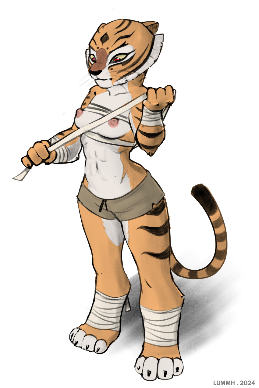 4_toes abs absurd_res anthro arm_tuft athletic_wear barefoot bottomwear chest_wraps chilllum clothed clothing dreamworks feet female fur fur_markings hi_res kung_fu_panda markings master_tigress multicolored_body multicolored_fur partially_clothed paws simple_background sketch solo standing striped_body stripes toes tuft undressing white_background wrapping wraps