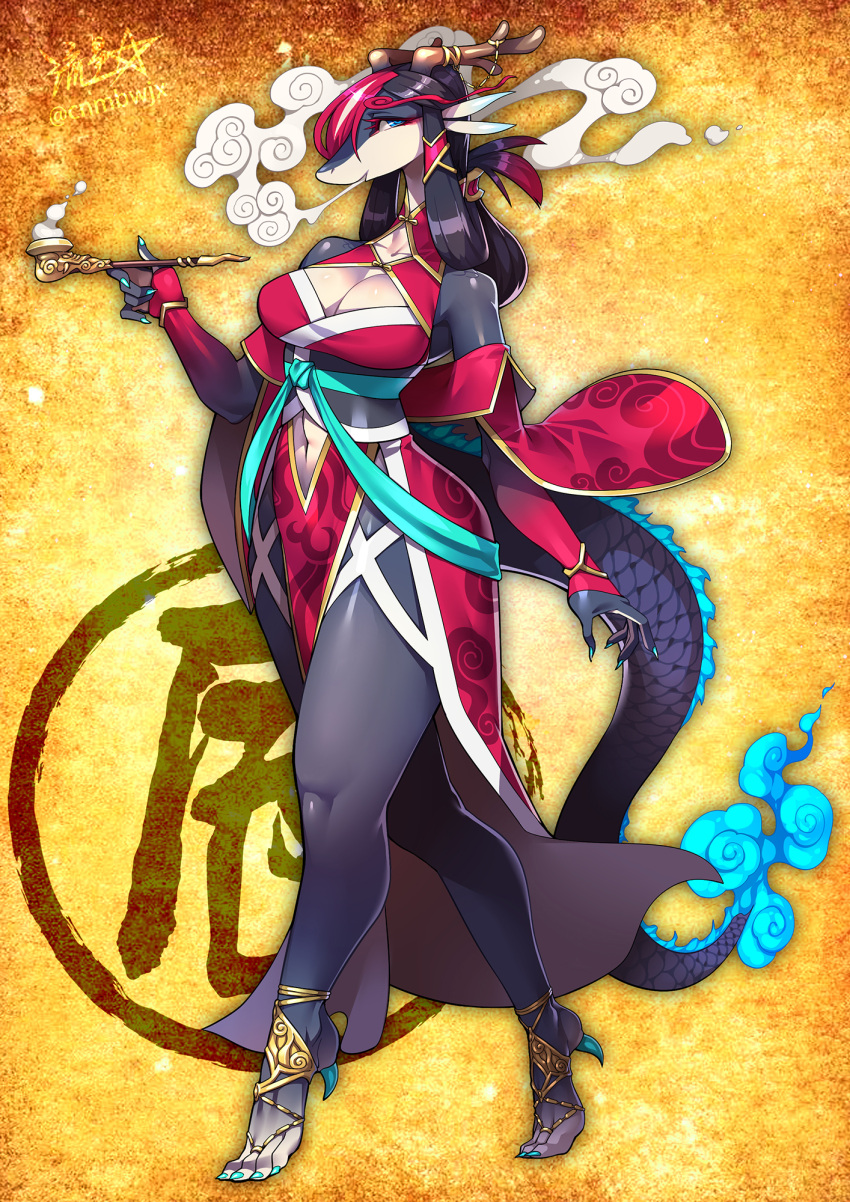 1girl bare_shoulders barefoot_sandals black_hair blowing_smoke blue_eyes breasts chinese_zodiac cleavage clothing_cutout colored_skin commentary_request detached_sleeves dragon_girl dragon_horns dragon_tail fingernails full_body furry furry_female hair_ornament highres holding holding_smoking_pipe horn_ornament horns japanese_clothes kimono kiseru long_hair looking_at_viewer multicolored_hair navel navel_cutout obi original red_hair red_kimono ryuusei_(mark_ii) sash scales sharp_fingernails sharp_toenails signature smoke smoking_pipe snout solo tail toenails translation_request two-tone_hair year_of_the_dragon